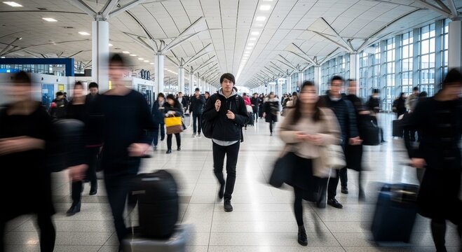 Young man walking through a busy airport terminal with blurred travelers