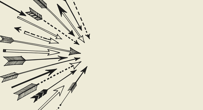 Hand-drawn arrows in various styles converging towards a central point on a light background, illustrating focus and direction.
