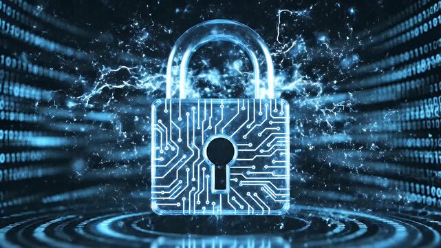 Cybersecurity Digital Lock with Electric Sparks - A glowing digital lock symbolizing cybersecurity is depicted at the center, surrounded by electric sparks, representing data protection.