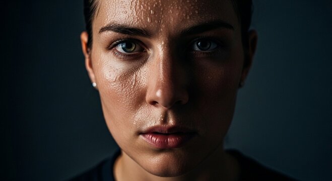 Intense closeup portrait of a sweaty woman after workout or exercise