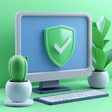 Desktop computer displaying a green shield with a white checkmark, keyboard and two potted plants on a pastel workspace conveying digital security and calm