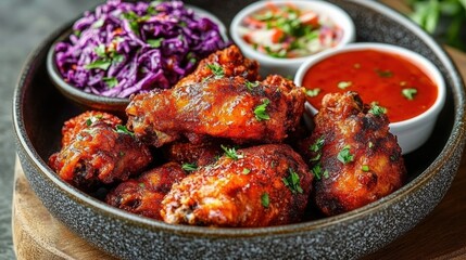 Fototapeta premium crispy spicy glazed chicken wings with purple cabbage slaw, two dipping sauces and parsley garnish in a rustic bowl, vibrant and mouthwatering