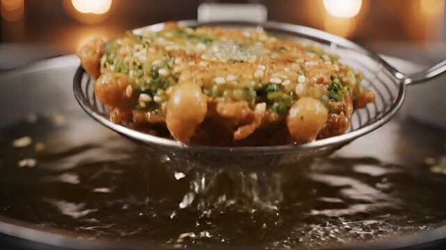 Closeup of Falafel being fried in hot oil on a skimmer.