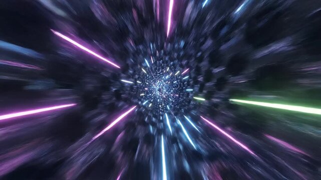 Glowing Neon Tunnel - This video shows a digital tunnel effect with streaks of glowing neon lights in blue, pink and yellow. The tunnel appears to move towards a central point.