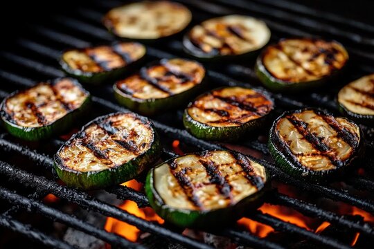 sizzling grilled zucchini rounds with charred marks over glowing coals, smoky and appetizing