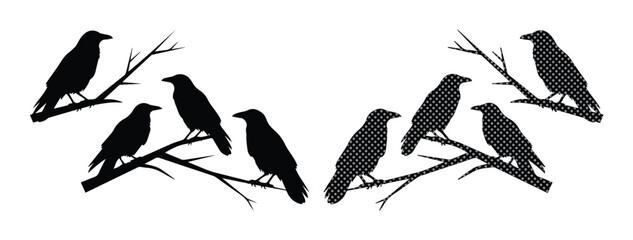 Black crow silhouettes on tree branches, dark raven bird vector set, spooky gothic nature elements for Halloween design and mystical decor © Jemie