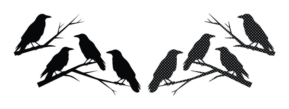 Black crow silhouettes on tree branches, dark raven bird vector set, spooky gothic nature elements for Halloween design and mystical decor