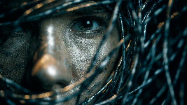 Close-up of a person's face partially obscured by wires