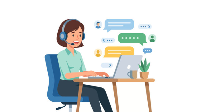 Female customer support agent with headset answering live chat messages on laptop