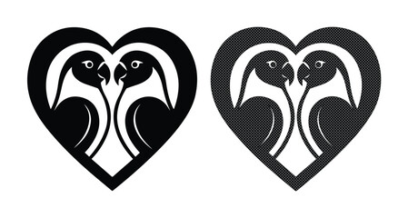 Minimalist parrot love heart logo vector, romantic bird couple silhouette icons, black and white tropical macaw parrots in heart shape for wedding branding © Jemie