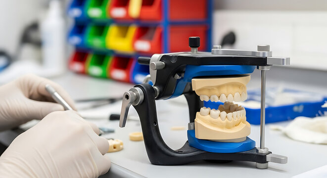 Dental technician working with artificial teeth model on articulator laboratory