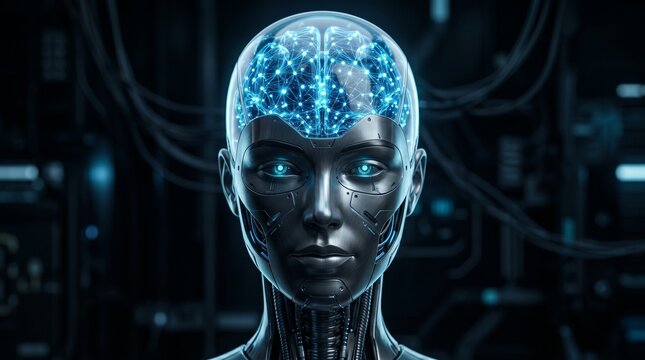A futuristic humanoid robot with a glowing blue circuit brain and metallic skin stands in a dark technological environment.