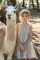 Fototapeta premium Girl in striped sundress standing beside a calm, curious llama in a sunlit wooded enclosure, gentle companionship and quiet summer mood