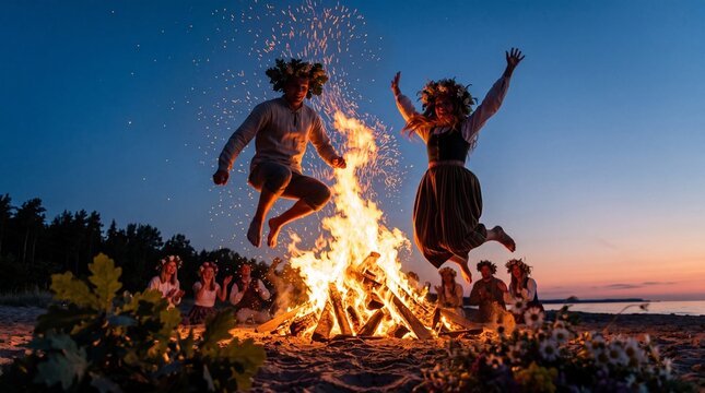 Joyful couple jumping over a beach bonfire at Baltic midsummer festival.