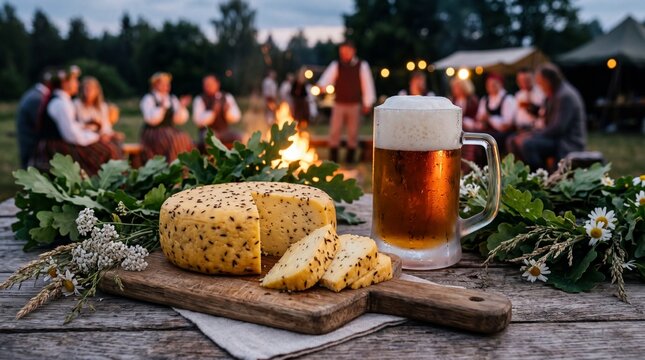 Caraway cheese and cold beer at traditional Jani midsummer bonfire celebration.