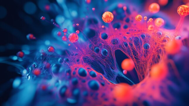 Vibrant abstract representation of microscopic cells interconnected in a colorful and dynamic manner showcasing biological interactions in stunning detail. Generative AI