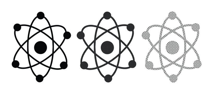 Scientific atom symbol vector set, minimalist nuclear physics icons in black and grey, atomic structure model for education and research