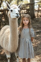 Fototapeta premium calm light-colored alpaca standing next to a young girl in a striped dress in a sunlit rustic farm setting, conveying gentle curiosity and quiet companionship