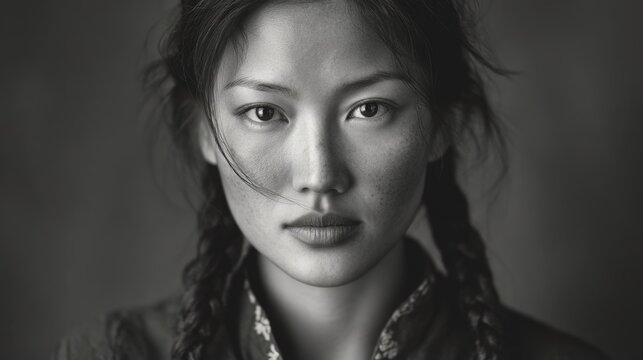 Stunning portrait of a young woman with braids showcasing strong emotions and cultural richness in a striking black and white style for artistic inspiration. Generative AI