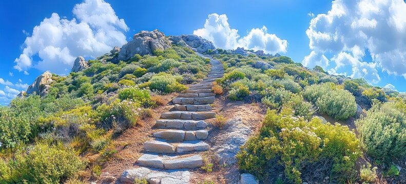 stone steps winding up a sunlit rocky hill through green shrubs under a bright blue sky with fluffy clouds, inviting a serene adventurous climb