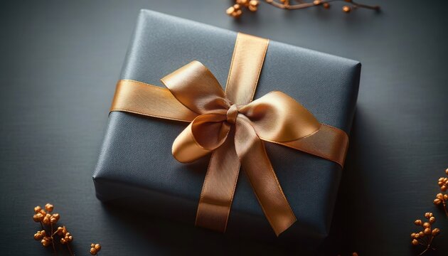Elegant dark-wrapped gift box with golden satin ribbon bow and metallic berry sprigs, moody lighting conveying luxury and festive celebration