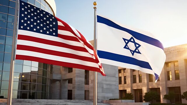 USA and Israel Flags Waving Together - The flags of the USA and Israel wave together against the backdrop of a modern building.