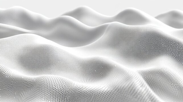 calm white dotted mesh landscape of smooth undulating waves, minimalist abstract fabric-like surface
