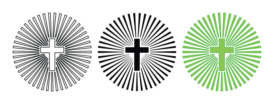 Christian cross with sunburst rays vector set, religious crucifix icons in black and green, spiritual light burst symbols for church branding