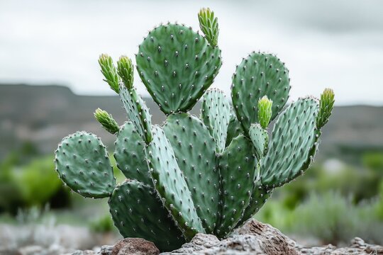 Prickly pear cactus pads with fresh green buds and sharp spines growing from rocks in a muted desert landscape with blurred hills and overcast sky, calm resilient mood