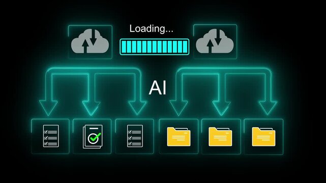 Internet cloud technology concept. Download data exchange. Transfer business folder data system relocation. Man use computer laptop waiting transfer file migration process, loading bar icon on screen.
