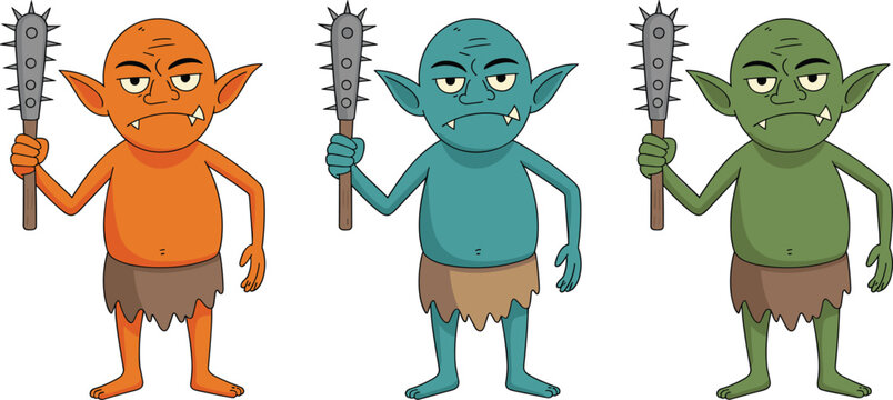 Cartoon goblin characters set, fantasy monster warriors vector illustration collection design