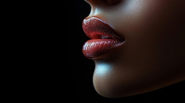 moody close-up of a person's lower face showing lips and chin with soft highlights and deep shadows, intimate and contemplative mood