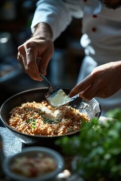 chef hands carefully spooning creamy sauce into a black skillet of herb-garnished rice, white jacket, warm sunlight, focused concentration