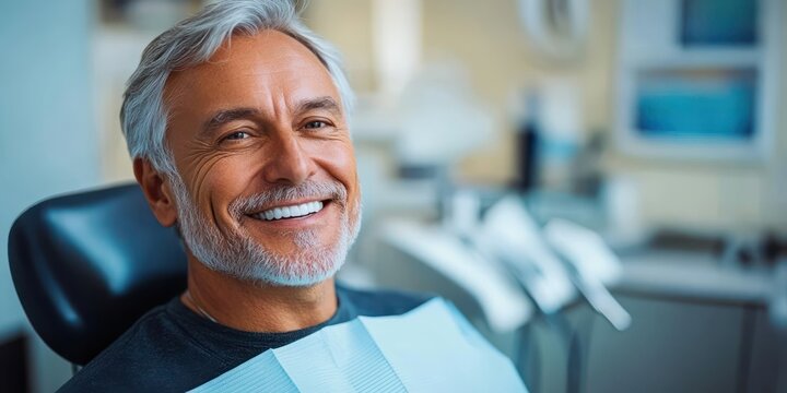 middle-aged man with gray hair seated in dental chair wearing a bib, dental instruments and equipment blurred in clinic background, waiting with apprehensive expression