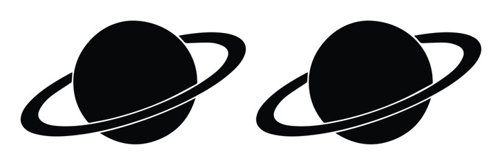 Saturn planet silhouette icons, black celestial body with rings vector set, minimalist space astronomy graphics for web and print design © Caleb