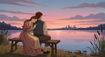 Fototapeta premium A romantic couple sits on a bench by a tranquil lake at sunset, with a distant city skyline reflecting in the water.