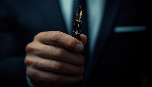 close-up of a hand holding a gold-tipped fountain pen nib in front of a dark suit, white shirt and pocket square, conveying confident professional poise