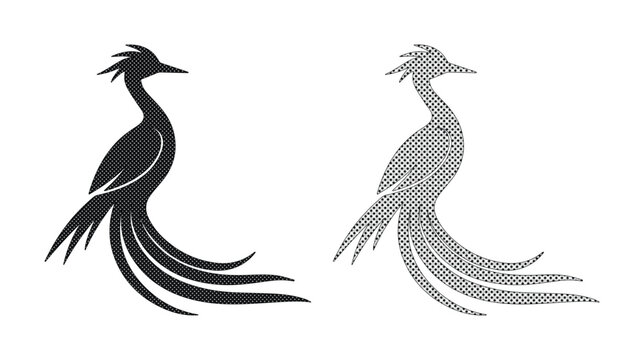 Elegant phoenix bird silhouette vector, mythical firebird logo icons, black and grey exotic bird with long tail feathers, majestic avian creature
