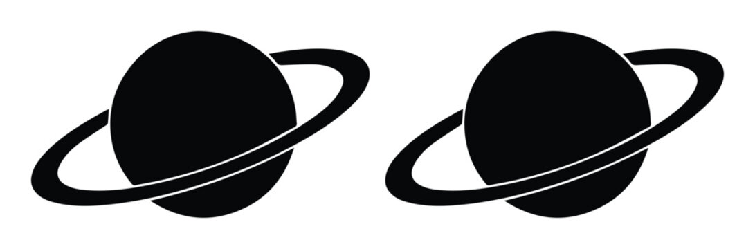 Saturn planet silhouette icons, black celestial body with rings vector set, minimalist space astronomy graphics for web and print design