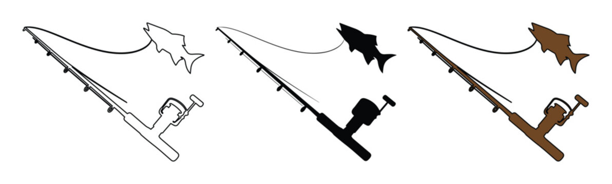 Fishing rod and jumping fish vector icons, spinning reel with hooked trout silhouette set, minimalist angling equipment graphics for outdoor sports