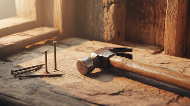 Rusty hammer and nails on a wooden workbench near a window with natural light