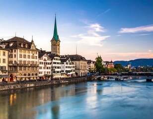 Obraz premium Zurich skyline reflects on the river at sunset