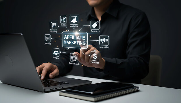 Affiliate Marketing Business Concept with Digital Icons and Businessman Using Laptop