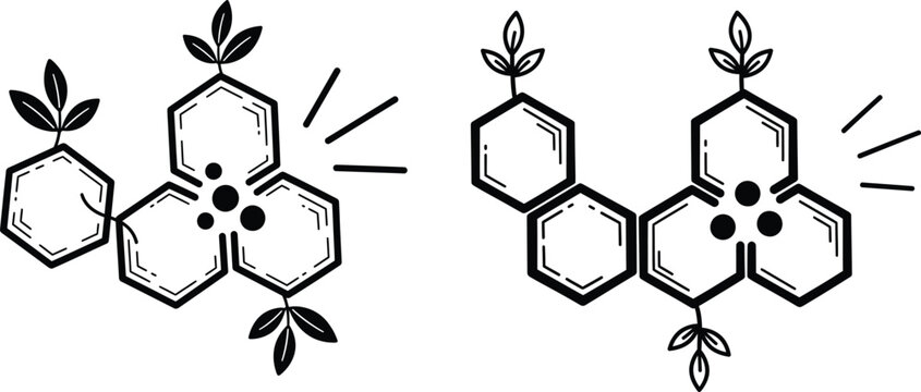 Stylized molecules or geometric shapes with leaves line art molecule chemical connection structure geometric illustration abstract chemistry