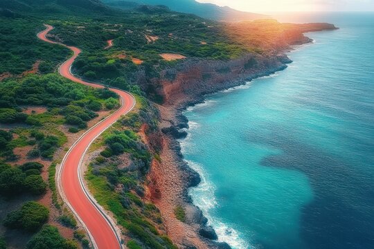 Winding red coastal road along rugged cliffs by turquoise sea at sunset with lush green vegetation and a serene panoramic seaside vista