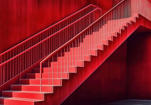 Double flight of red metal staircases with thin vertical railings against a deep red wall, strong diagonal lines and dramatic geometric contrast