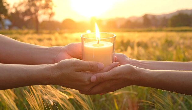 Two hands cradling a lit candle together outdoors at sunset