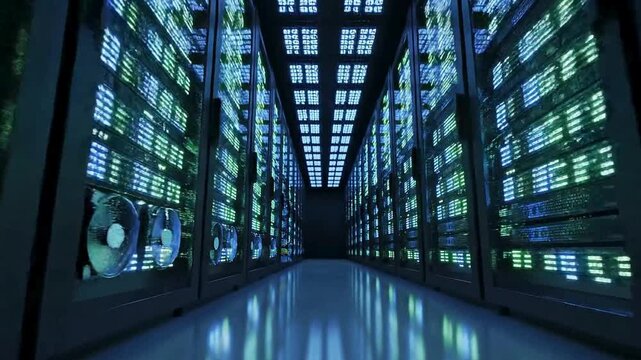Rows of glowing server racks in a modern data center representing high-tech cloud computing big data storage and global network infrastructure