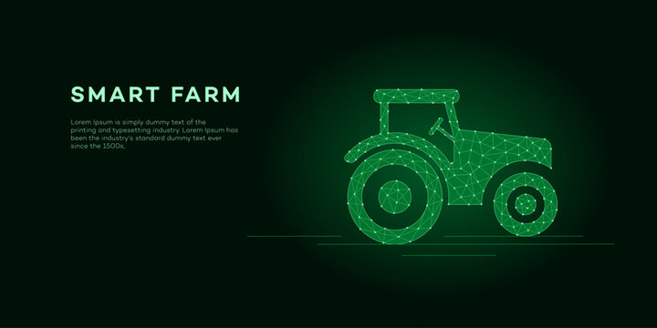 A digital polygonal green tractor representing smart farm technology and agricultural innovation on a dark background, with lorem ipsum text for presentation purposes.