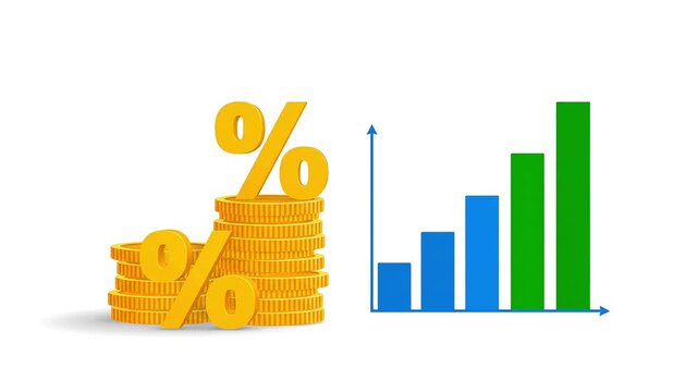 A modern flat-style animation featuring stacks of coins building upward step-by-step, each layer marked with bold percent (%) icons. Alongside, a dynamic bar chart grows in sync